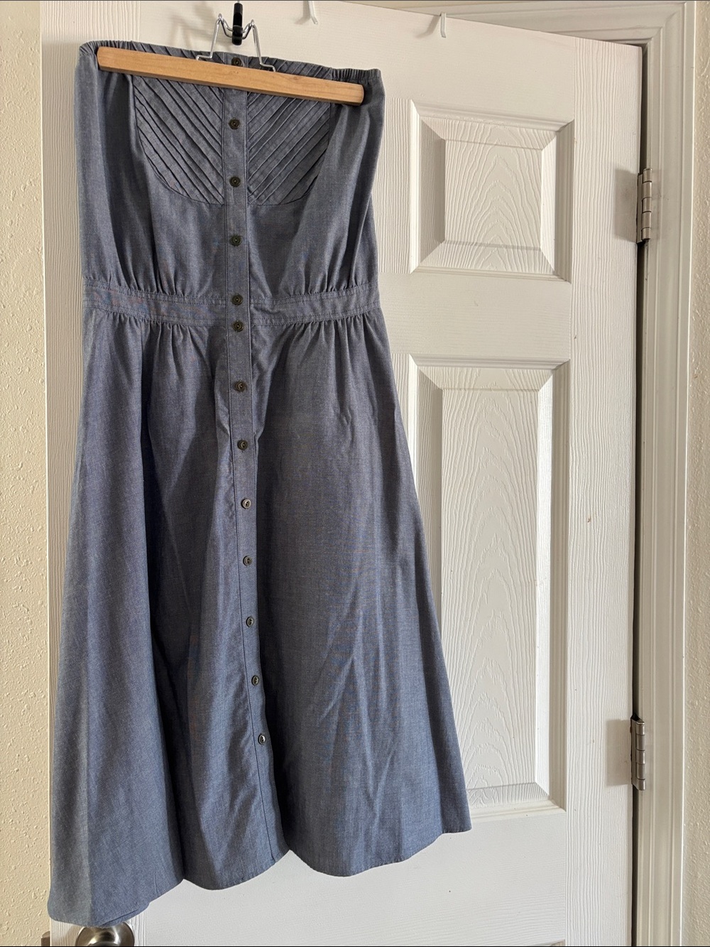 Anthropologie Chambray Strapless Button-Front Midi Dress